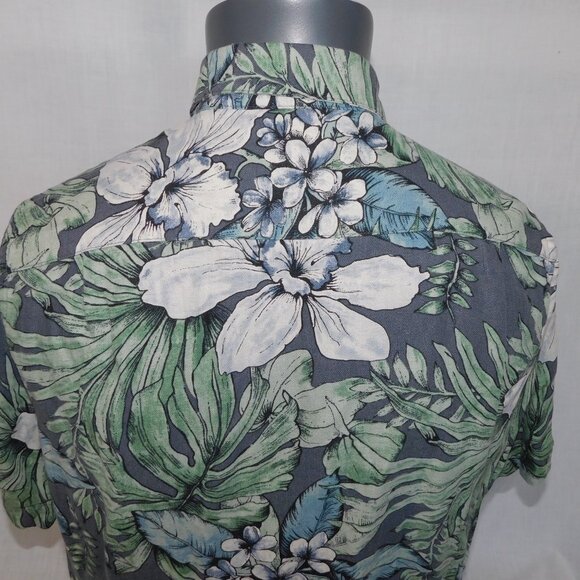 Vintage Silk Mens M Gray Green White Floral Hawaiian Silk Linen Blend Shirt - Picture 9 of 10